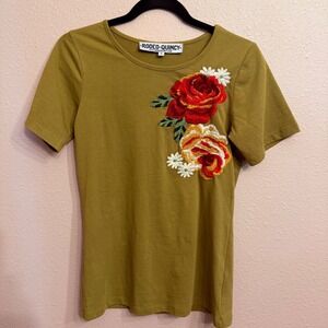 Rodeo Quincy Daisy Lou Womens Small Olive Floral Embroidered Cotton T-Shirt
